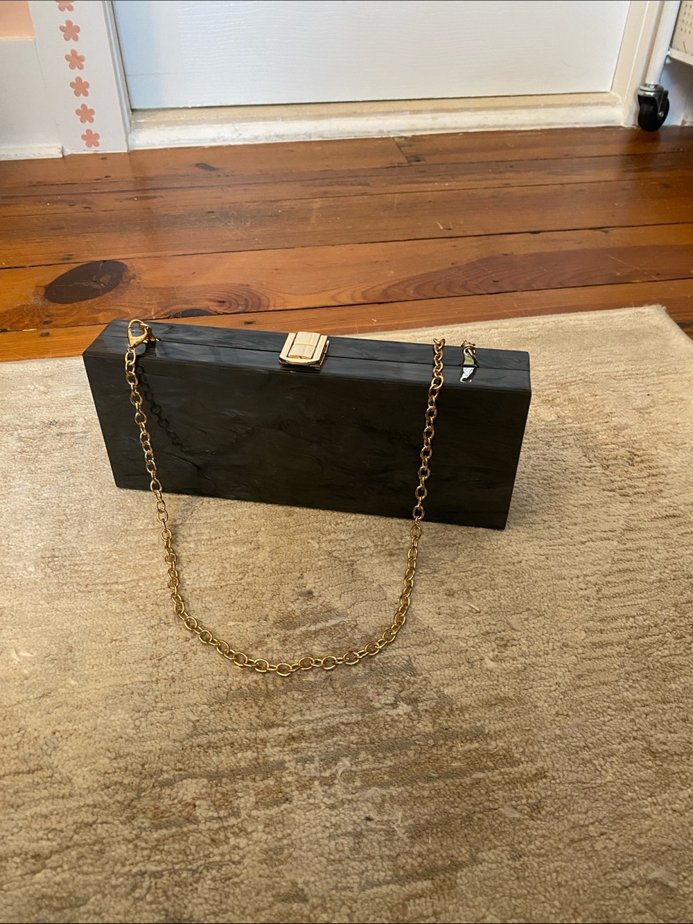 Black Acrylic Rectangle Clutch with Gold Chain